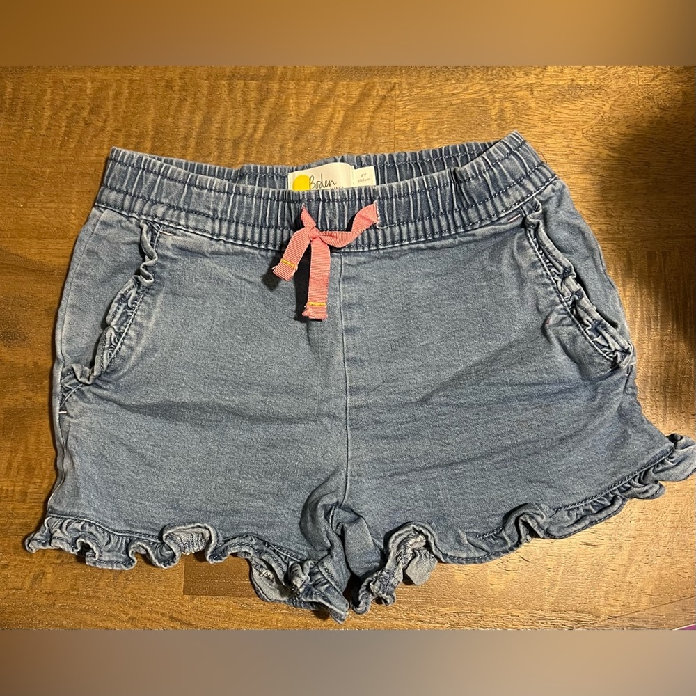 Mini Boden Blue Denim Ruffle Trim Shorts with Pockets, Size 4y (104cm)